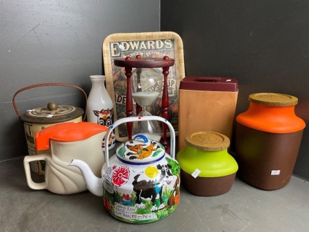 Large Lot of Vintage Kitchenalia inc. large egg timer, bakelite container, hand-painted enamelled teapot etc