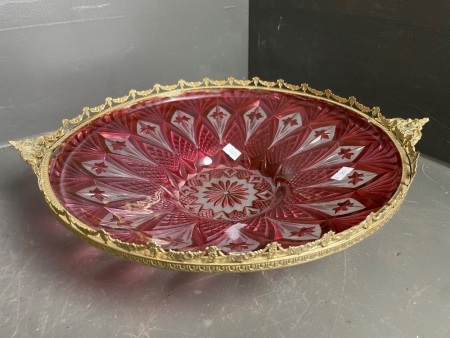 Victorian Etched Ruby Glass Fruit Bowl