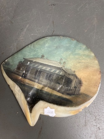 Colonial Homestead Painting on MOP Razorback Shell - signed