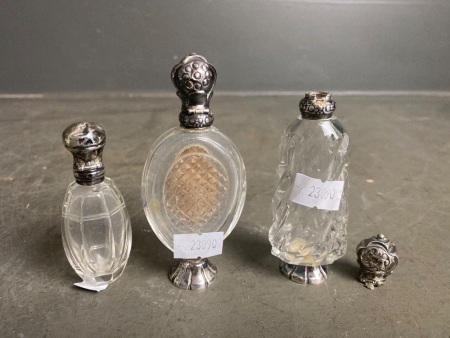 3x Antique Silver Top Perfume Bottles