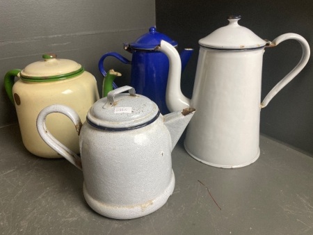 4 vintage enamelled tea/coffee pots