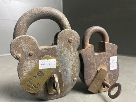 2 Antique Metal and Brass Padlocks with Keys