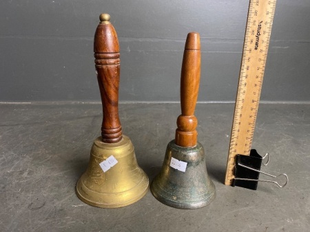 2x Brass School/Auctioneers Bells with Wooden Handles