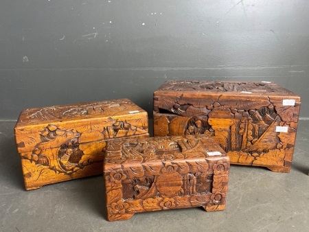 Set of 3 Antique Chinese Hand Carved Wooden Boxes