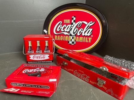 Coca Cola Set with playing cards, tray, tin of shot glasses and tin