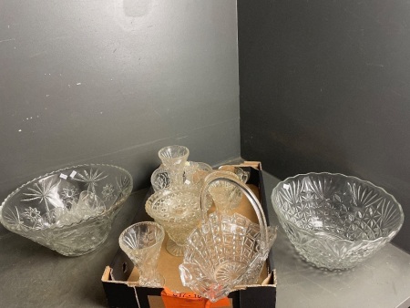 Large Selection of Clear Cut Crystal Dishes and Glass Ware one dish has 3 legs