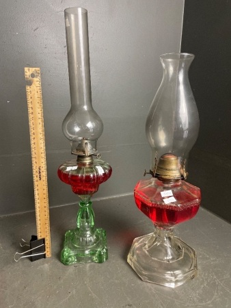 2 Coloured Glass Kerosene Lanterns