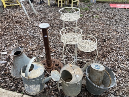 3 Tier Metal Plant Stand, Galvanised Watering Cans and Buckets with Cast Iron Table Stand