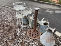 3 Tier Metal Plant Stand, Galvanised Watering Cans and Buckets with Cast Iron Table Stand - 3