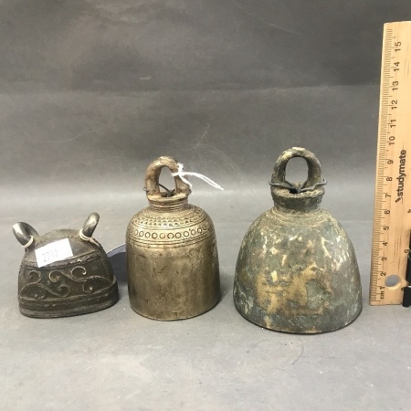 3 Ancient Bronze Burmese Temple Bells