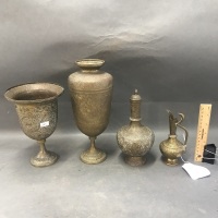 4 Antique Indo-Persian Incised Brass Vases/Pots - All Intricately Incised