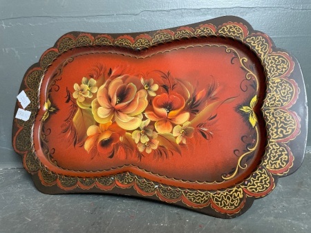 Vintage Handpainted Toleware Metal Scalloped 310mm Tray