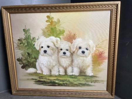 Signed B. Harris 3 puppies art on canvas  580mm x 690mm