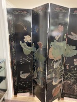 Chinese Vintage Carved Wooden Handpainted Laquer Screen Brass Capped Feet 4 Panels - 5