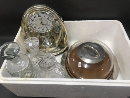 Box Lot inc. 3 Crystal Decanters, Cheese Dome, Clock Etc.