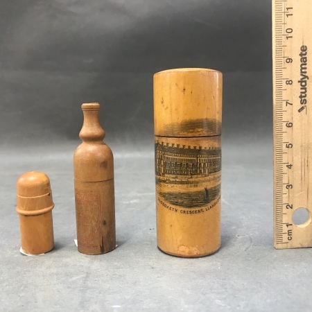 Mauchlineware Needle Case + 2 Treen Containers with 3 Dice