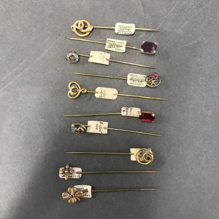 10 Vintage French Stick Pins with Gem Stone Tops c1900
