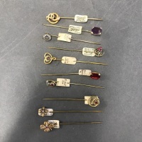 10 Vintage French Stick Pins with Gem Stone Tops c1900