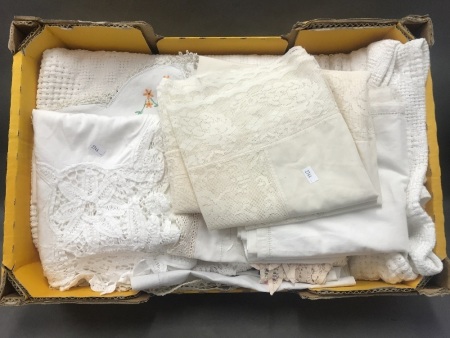 Box Lot of Vintage Linen, Doileys, Bedspread Etc.