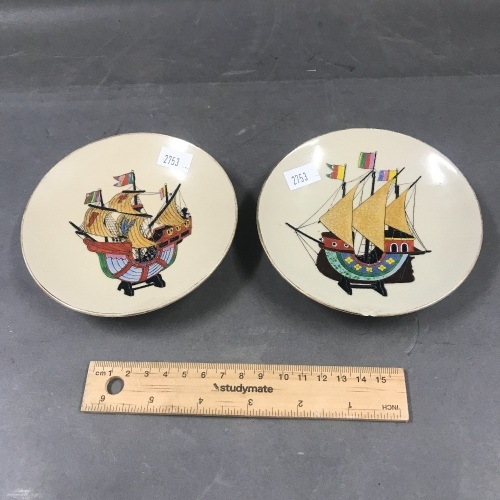 2 Satsuma Dishes Depicting Sailing Ships - 1 As Is
