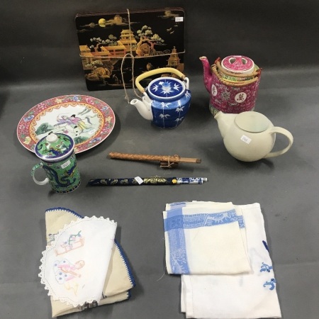 Box Lot of Chinese Tableware inc. Tea Pots etc.