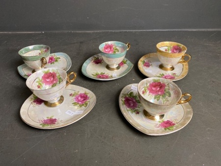 5 Japanese Pearlescent Cup and Saucers