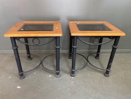 Pair Wood, Metal and Glass Side Tables