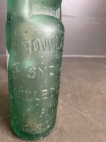 E. ROWLAND Green Glass Codd Neck Bottle with Marble and Embossed Lettering - chips to top - 250mm(H) - 2