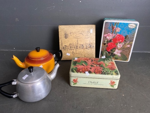 Three Vintage Tins & 2 Aluminium Teapots