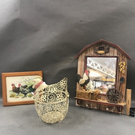 Wire Chook Basket, Chook Mirror & Embroidery