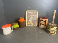 Large Lot of Vintage Kitchenalia inc. bakelite containers, tin & tray etc