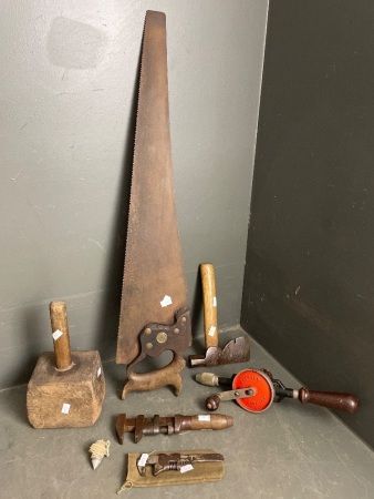 Job Lot of Various Vintage Tools inc. Wood Mallet, Diston Hand Saw, Hatchet, Stanley Hand Drill, Girard Adjustable Wrench, Bike Wrench