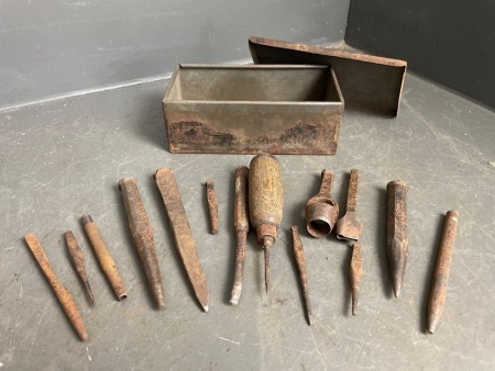 Vintage Tin with assorted Leatherwork Tools