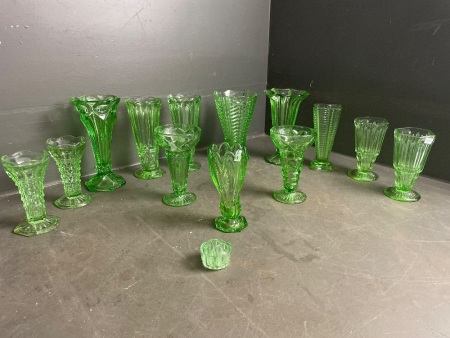 Large Lot of Green depression Glass Vases (2 Uranium)