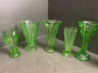 Large Lot of Green depression Glass Vases (2 Uranium) - 7