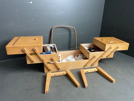 Mid-Century Accordion Style Wooden Sewing Box with Contents