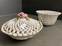 2x Bassano of Italy Rope Bowls (1 with lid) with Single Rose C1950s