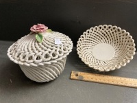 2x Bassano of Italy Rope Bowls (1 with lid) with Single Rose C1950s - 3