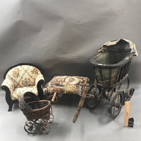 2 Small Prams, Miniature Chair & Stool