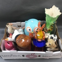 Box Lot of Ceramics inc. Cookie Jars, Money Boxes, Animals Etc