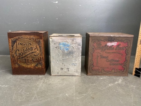 2 Vintage Tea/Coffee Tins - Printed Griffiths Bros. and Inglis Goldenia Tea (no lid) + Embossed Rasawatte Tea