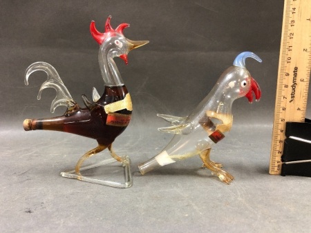 Pair of Collectable Vintage Blown Glass Bird Decanters - 1 Still Full