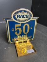 RACQ 50 years membership shield on stand, with pen and torch - 2