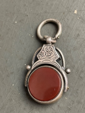 Victorian English bloodstone swivel fob in sterling silver Circa 1883