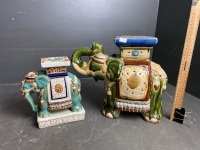 2 Small Asian Elephant Ceramic Figurines/stands