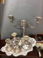 Silver Plated Candleabra & 2 Pairs Candlesticks