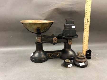 Set of Vintage Cast Iron King Balance Scales with Original Brass Pan & 2 Sets of Weights