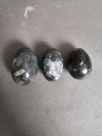 Three Eggs carved from 400 million year old fossil filled marble from Morocco