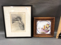 Framed Delft Style Tile + Pen & Ink Drawing Signed G.T.Gibbons