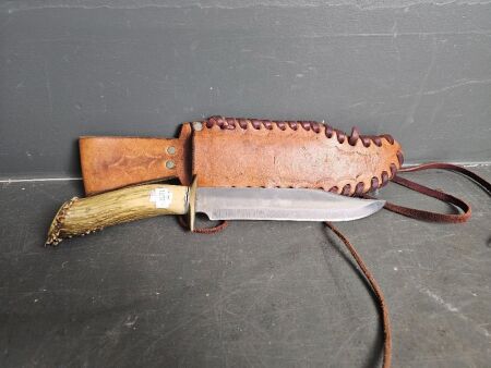 Custom Made Stag Handle Carved Boltster Bowie Knife with Leather Sheath